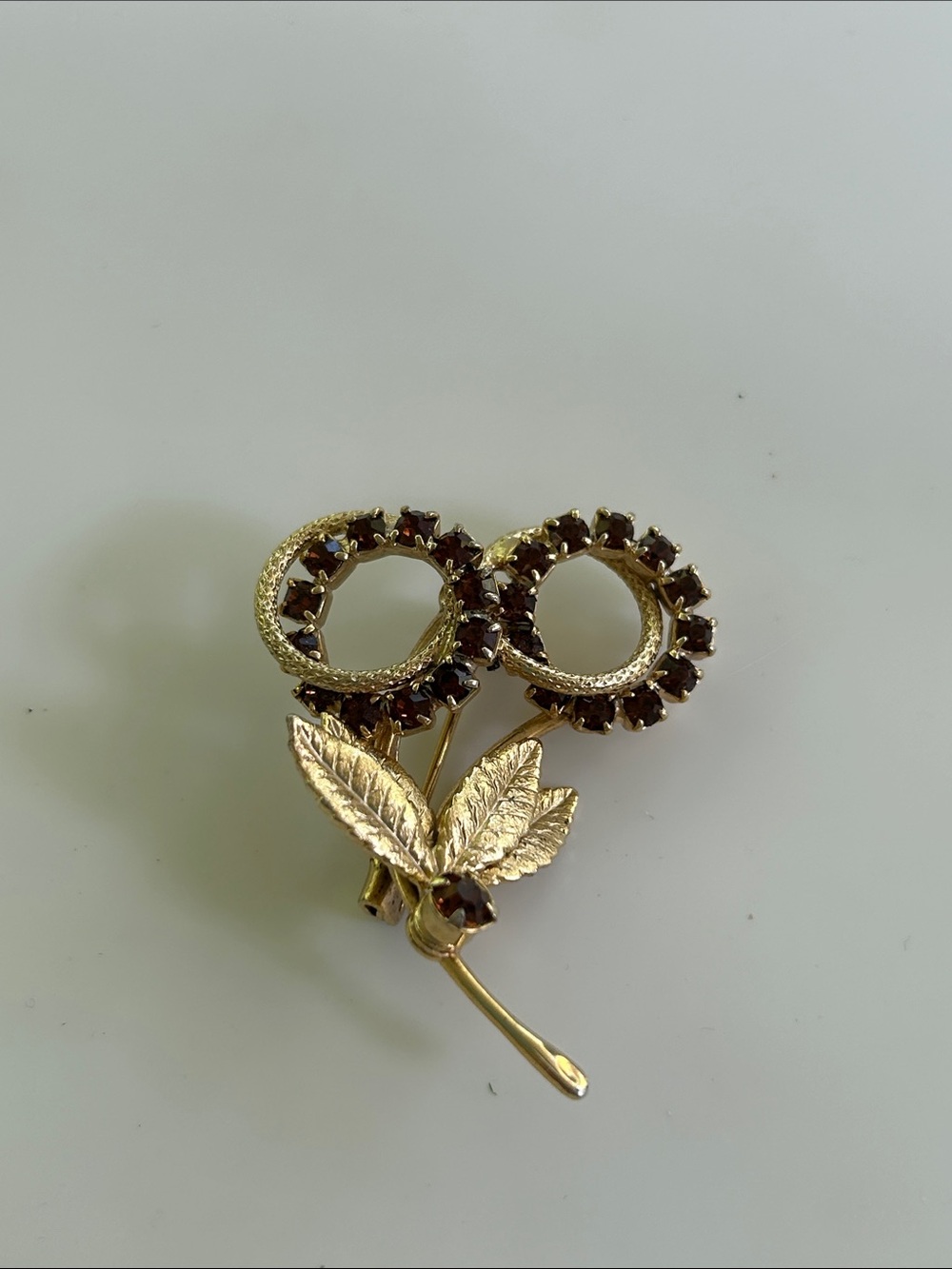 Vintage Gold Tone Amber Rhinestone Floral Double Wreath Brooch
